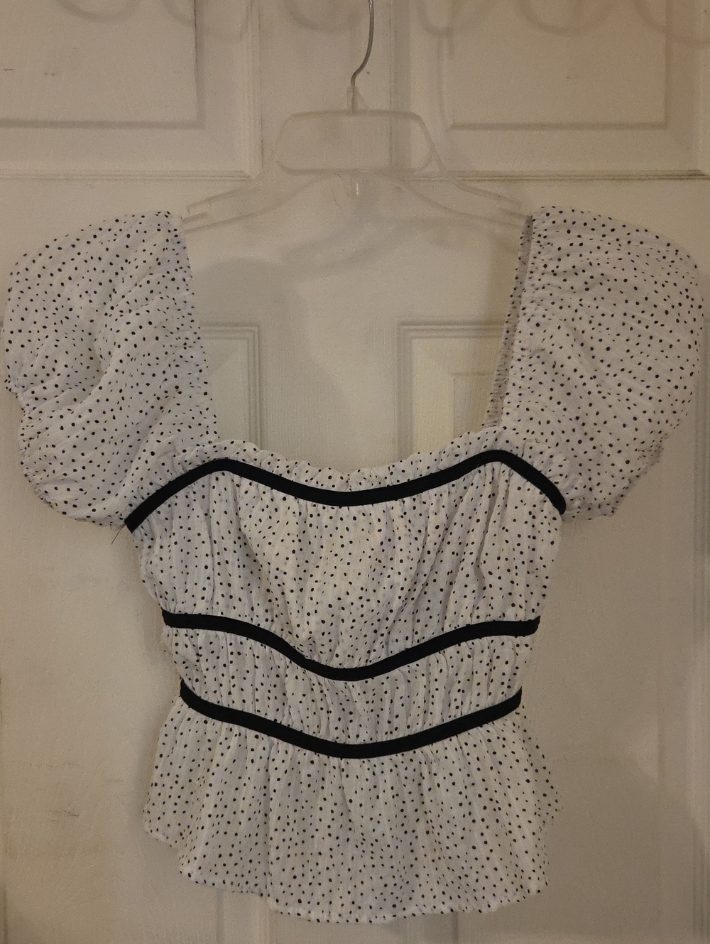 Polka Dot Puff Sleeve Crop Peplum Top with Black Trim Accent